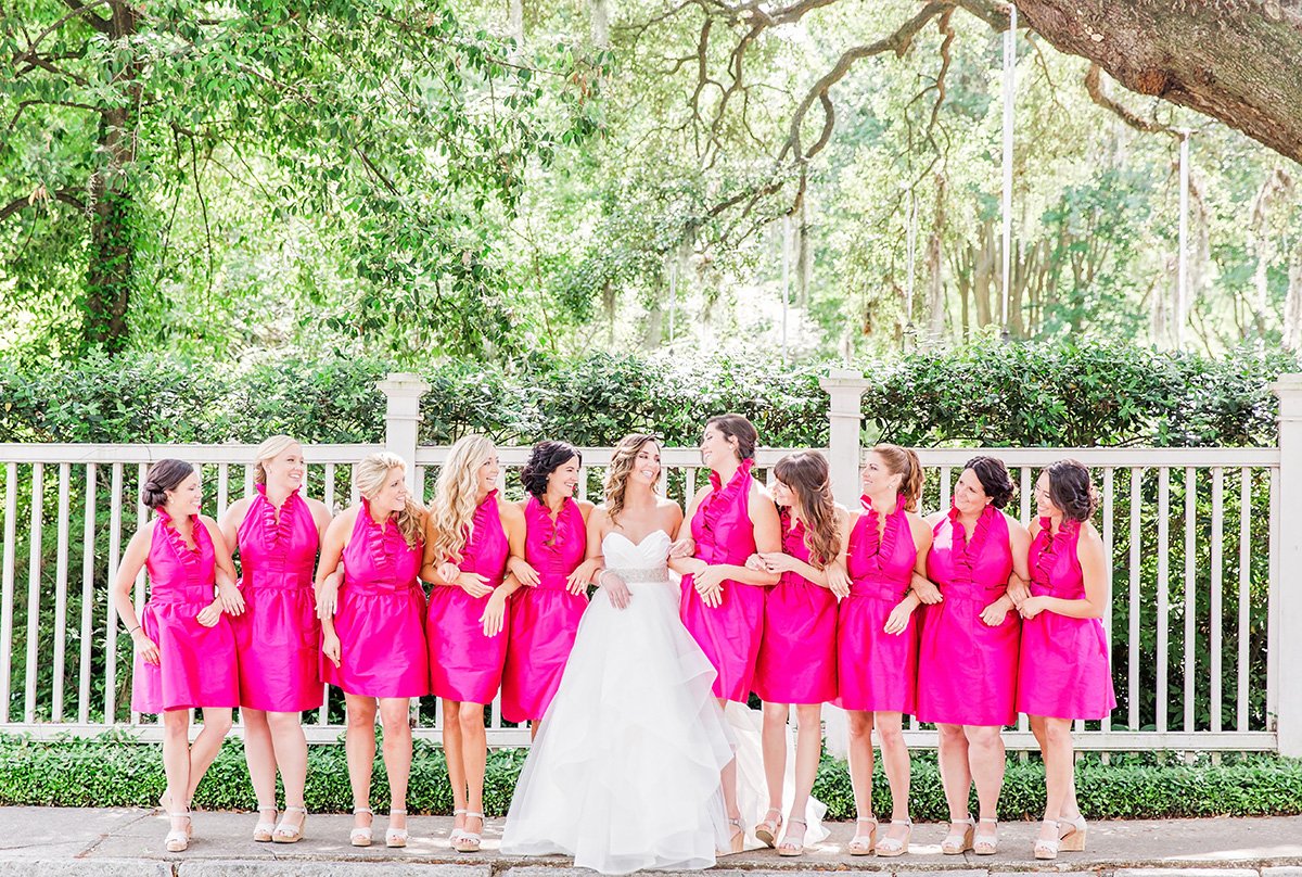 hot pink bridesmaids dresses Charleston wedding photographer Leah Marie Photography + Stationery