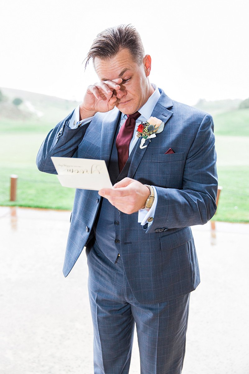 Groom reading love letter from bride San Jose wedding photographer Leah Marie Photography + Stationery